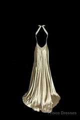 Aesthetic A Line Halter Neckline Champagne Satin Prom Dress Ruffle Long Party Dress
