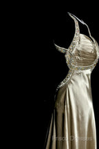Aesthetic A Line Halter Neckline Champagne Satin Formal Prom Dress Ruffle Long Party Dress