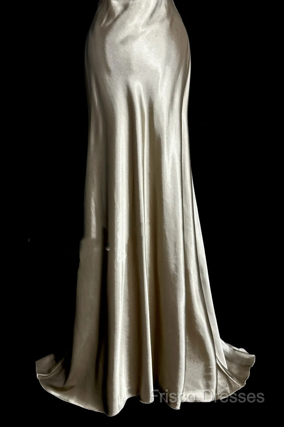 Aesthetic A Line Halter Neckline Champagne Satin Formal Prom Dress Ruffle Long Party Dress