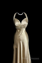 Aesthetic A Line Halter Neckline Champagne Satin Formal Prom Dress Ruffle Long Party Dress