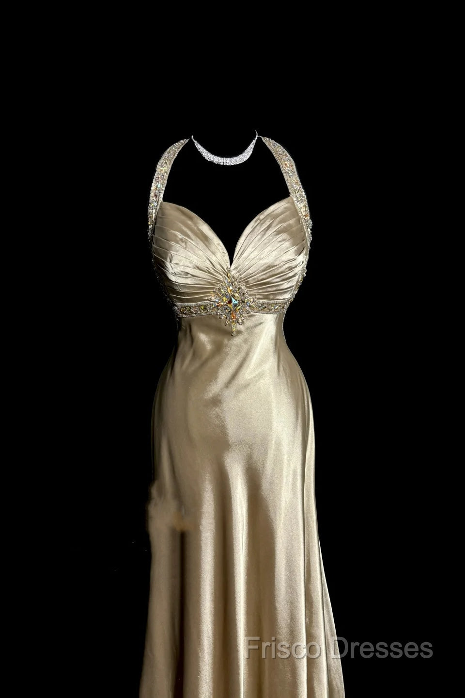 Aesthetic A Line Halter Neckline Champagne Satin Formal Prom Dress Ruffle Long Party Dress