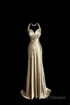 Aesthetic A Line Halter Neckline Champagne Satin Formal Prom Dress Ruffle Long Party Dress