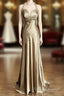 Aesthetic A Line Halter Neckline Champagne Satin Formal Prom Dress Ruffle Long Party Dress