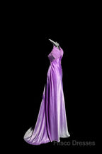 Aesthetic A Line Halter Neckline Lilac Satin Formal Prom Dress Ruffle Long Party Dress