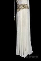 Aesthetic A Line Square Neckline White Chiffon Formal Prom Dress Ruffle Long Party Dress