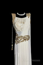 Aesthetic A Line Square Neckline White Chiffon Formal Prom Dress Ruffle Long Party Dress