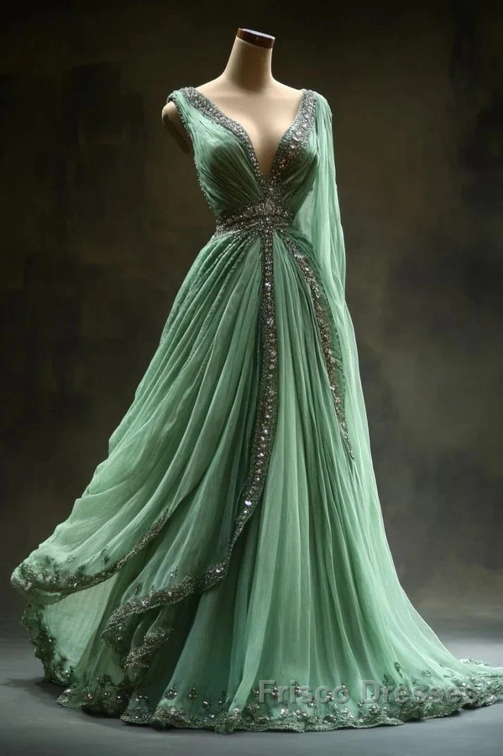 Aesthetic A-Line V Neckline Green Tulle Long Formal Prom Dress Sweet Beaded Evening Dress Secondary image