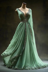 Aesthetic A-Line V Neckline Green Tulle  Long Prom Dress Sweet Beaded Evening Dress