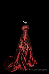 Aesthetic Ball Gown Strapless Burgundy Taffeta Prom Dress Ruffle Long Party Dress