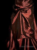 Aesthetic Ball Gown Strapless Burgundy Taffeta Formal Prom Dress Ruffle Long Party Dress