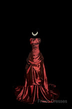 Aesthetic Ball Gown Strapless Burgundy Taffeta Formal Prom Dress Ruffle Long Party Dress