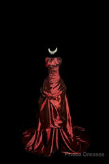 Aesthetic Ball Gown Strapless Burgundy Taffeta Prom Dress Ruffle Long Party Dress