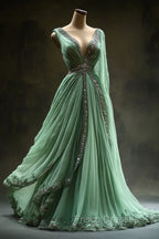 Aesthetic Ball Gown V Neckline Green Tulle Party Dress Long Formal Prom Dress Evening Dress