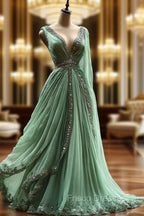 Aesthetic Ball Gown V Neckline Green Tulle Party Dress Long Formal Prom Dress Evening Dress