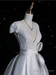 Aesthetic Ball Gown V Neckline Satin White Long Wedding Dresses Brides Dress