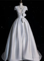 Aesthetic Ball Gown V Neckline Satin White Long Wedding Dress Brides Dress