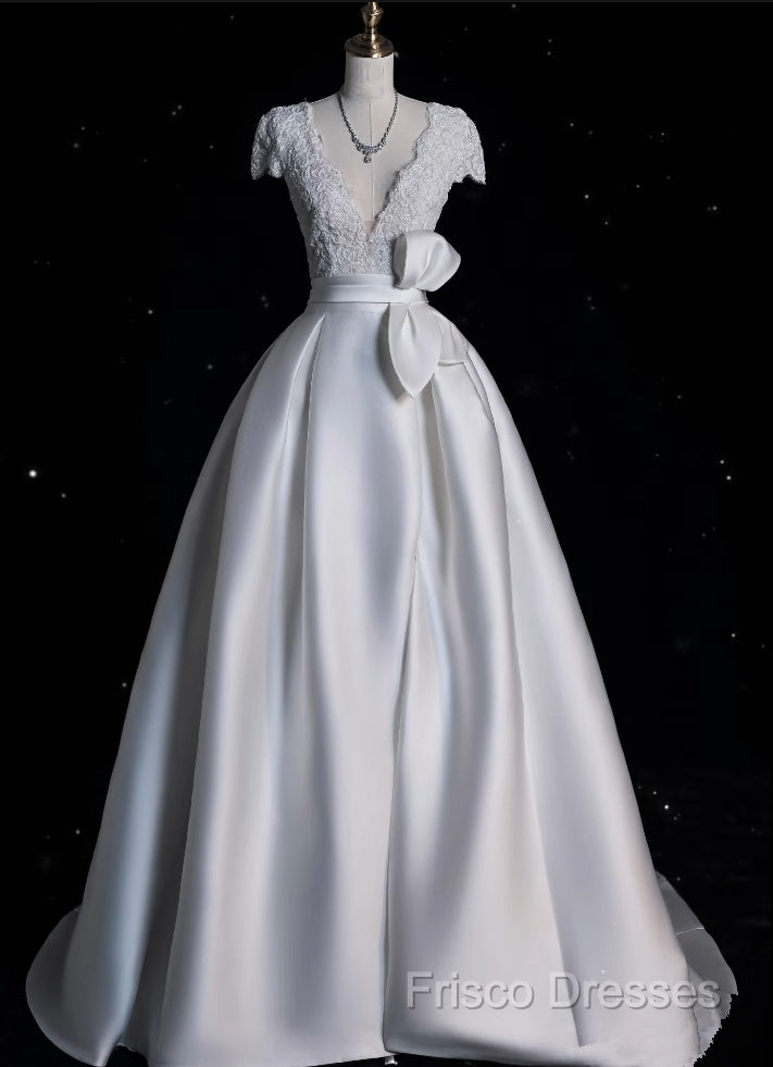 Aesthetic Ball Gown V Neckline Satin White Long Wedding Dress Brides Dress