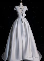 Aesthetic Ball Gown V Neckline Satin White Long Wedding Dresses Brides Dress