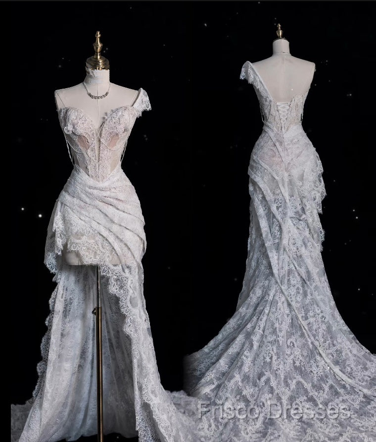 Aesthetic High Low One Shoulder Lace White Long Wedding Dress Secondary image