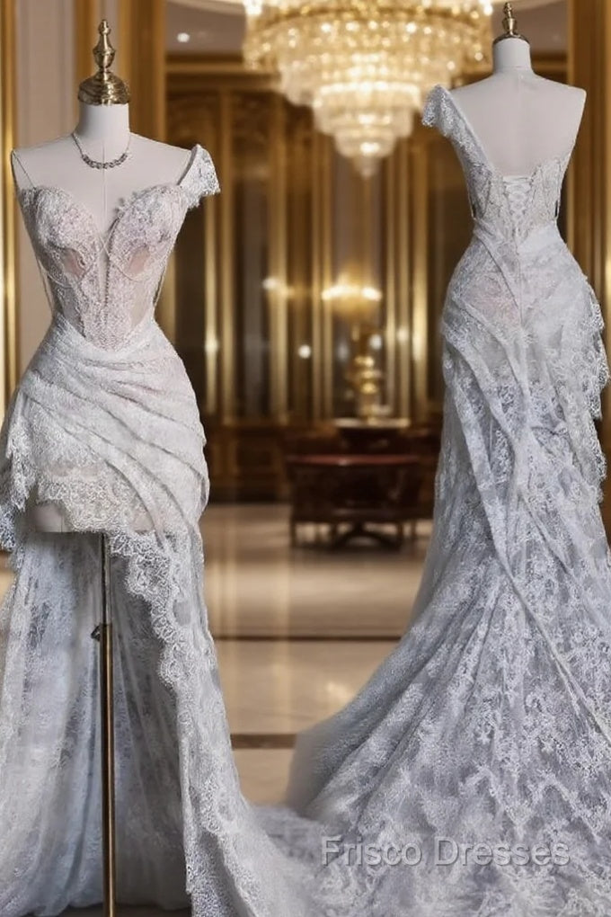 Aesthetic High Low One Shoulder Lace White Long Wedding Dress Main image