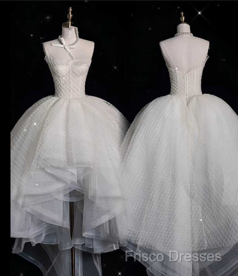 Aesthetic High Low Strapless Tulle White Long Wedding Dress Secondary image