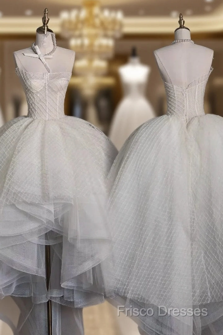 Aesthetic High Low Strapless Tulle White Long Wedding Dress