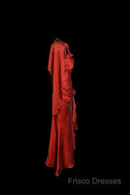 Aesthetic Mermaid Halter Neckline Red Satin Formal Prom Dress Ruffle Long Party Dress