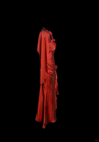 Aesthetic Mermaid Halter Neckline Red Satin Prom Dress Ruffle Long Party Dress