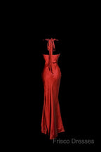 Aesthetic Mermaid Halter Neckline Red Satin Formal Prom Dress Ruffle Long Party Dress