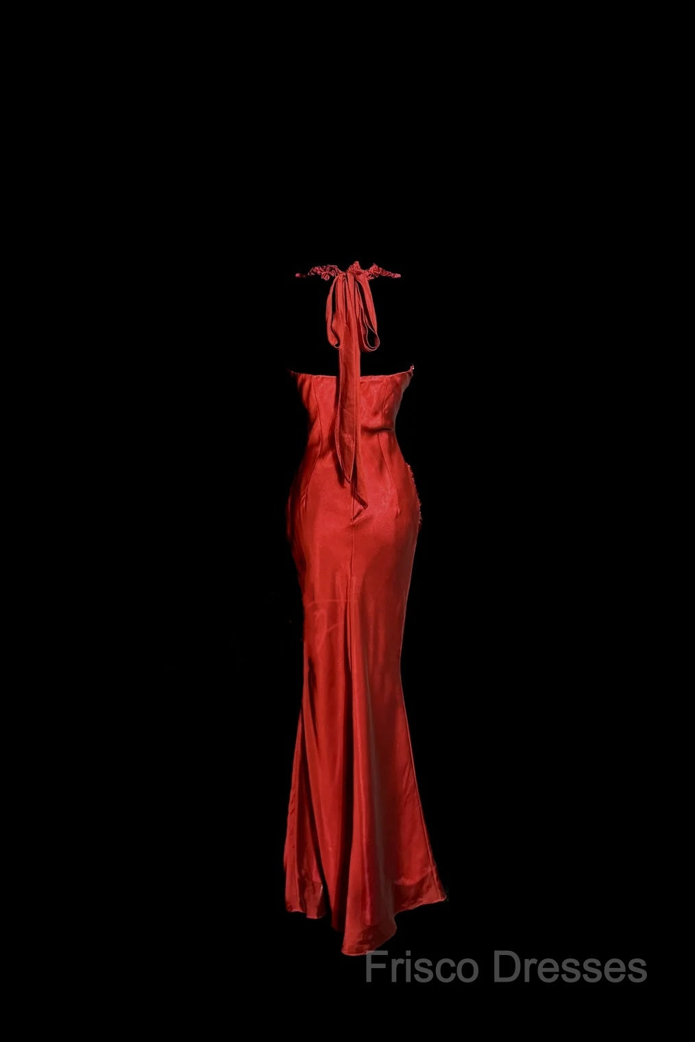 Aesthetic Mermaid Halter Neckline Red Satin Formal Prom Dress Ruffle Long Party Dress
