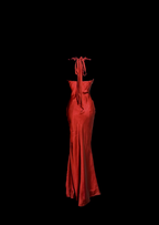 Aesthetic Mermaid Halter Neckline Red Satin Prom Dress Ruffle Long Party Dress