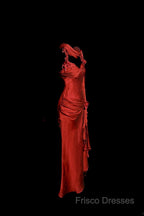 Aesthetic Mermaid Halter Neckline Red Satin Formal Prom Dress Ruffle Long Party Dress
