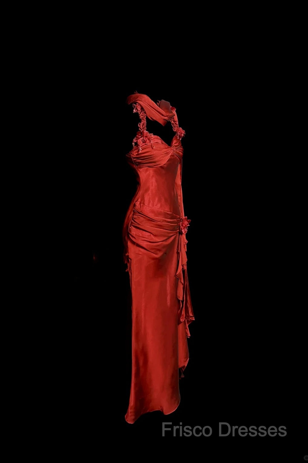 Aesthetic Mermaid Halter Neckline Red Satin Formal Prom Dress Ruffle Long Party Dress