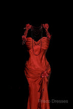 Aesthetic Mermaid Halter Neckline Red Satin Formal Prom Dress Ruffle Long Party Dress