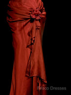 Aesthetic Mermaid Halter Neckline Red Satin Formal Prom Dress Ruffle Long Party Dress