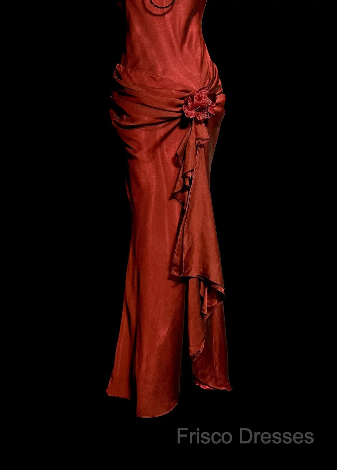 Aesthetic Mermaid Halter Neckline Red Satin Formal Prom Dress Ruffle Long Party Dress