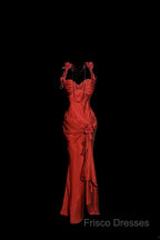 Aesthetic Mermaid Halter Neckline Red Satin Formal Prom Dress Ruffle Long Party Dress