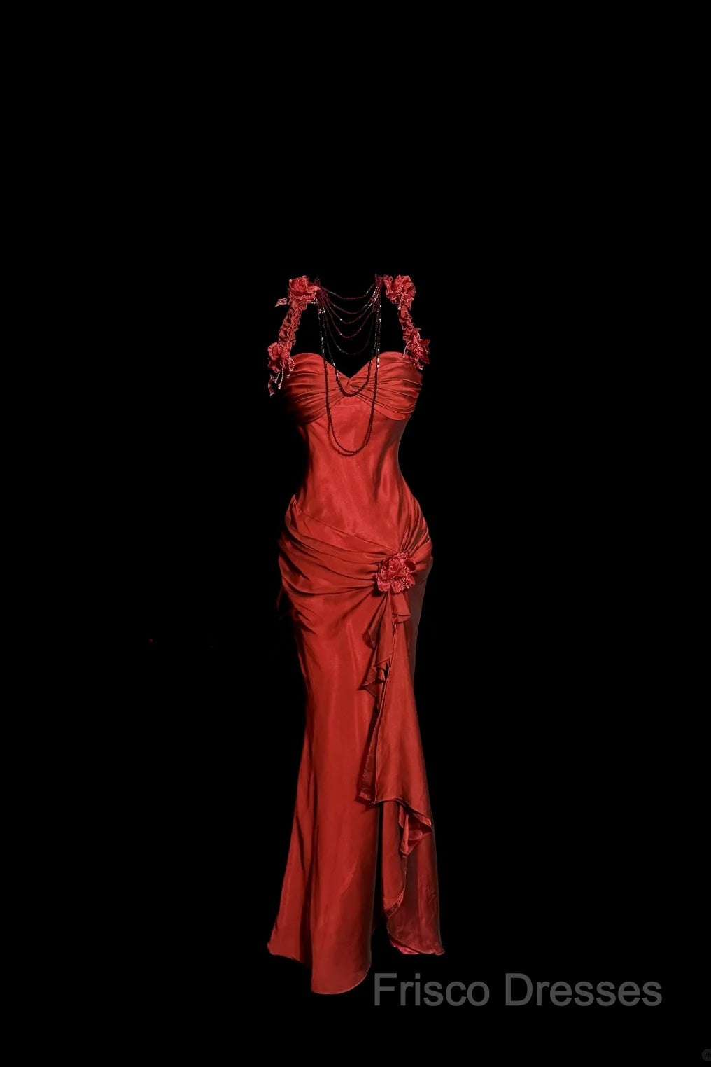Aesthetic Mermaid Halter Neckline Red Satin Formal Prom Dress Ruffle Long Party Dress