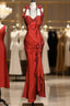 Aesthetic Mermaid Halter Neckline Red Satin Formal Prom Dress Ruffle Long Party Dress