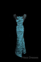 Aesthetic Mermaid Square Neckline Blue Taffeta Formal Prom Dress Ruffle Long Party Dress