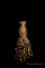 Aesthetic Mermaid Strapless Neckline Brown Taffeta Prom Dress Ruffle Long Party Dress