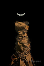 Aesthetic Mermaid Strapless Neckline Brown Taffeta Formal Prom Dress Ruffle Long Party Dress
