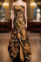 Aesthetic Mermaid Strapless Neckline Brown Taffeta Formal Prom Dress Ruffle Long Party Dress