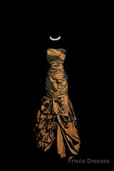 Aesthetic Mermaid Strapless Neckline Brown Taffeta Prom Dress Ruffle Long Party Dress