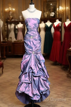 Aesthetic Mermaid Strapless Neckline Grape Taffeta Formal Prom Dress Ruffle Long Party Dress