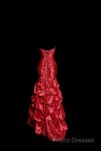 Aesthetic Mermaid Strapless Neckline Red Taffeta Formal Prom Dress Ruffle Long Party Dress