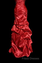 Aesthetic Mermaid Strapless Neckline Red Taffeta Formal Prom Dress Ruffle Long Party Dress