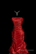 Aesthetic Mermaid Strapless Neckline Red Taffeta Formal Prom Dress Ruffle Long Party Dress