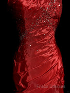 Aesthetic Mermaid Strapless Neckline Red Taffeta Formal Prom Dress Ruffle Long Party Dress