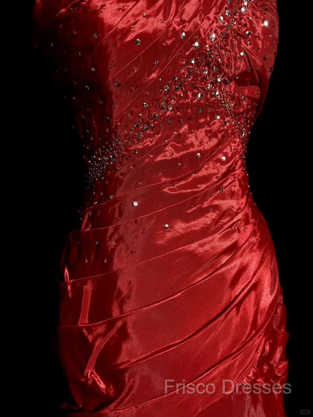 Aesthetic Mermaid Strapless Neckline Red Taffeta Formal Prom Dress Ruffle Long Party Dress